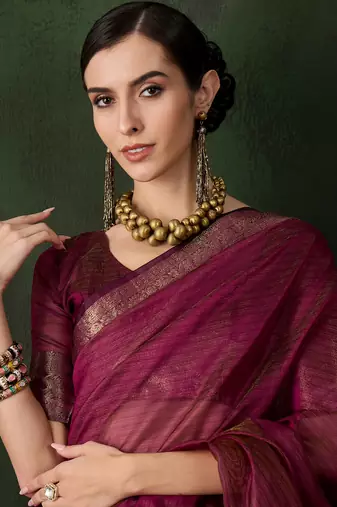 Women's magenta color kahdi organza stylish zari weaving work saree