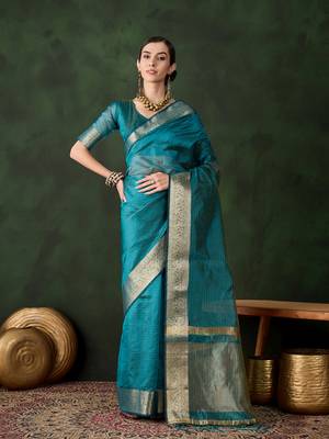 Women's teal blue color kahdi organza stylish zari weaving work saree 1