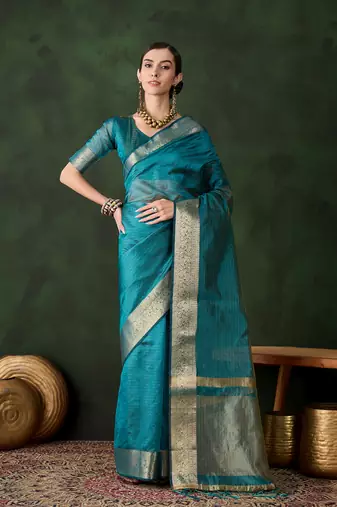Women's teal blue color kahdi organza stylish zari weaving work saree 