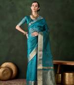 Women's teal blue color kahdi organza stylish zari weaving work saree 