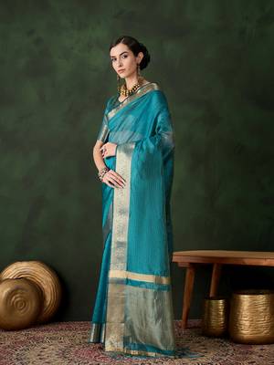Women's teal blue color kahdi organza stylish zari weaving work saree 2