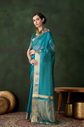 Women's teal blue color kahdi organza stylish zari weaving work saree