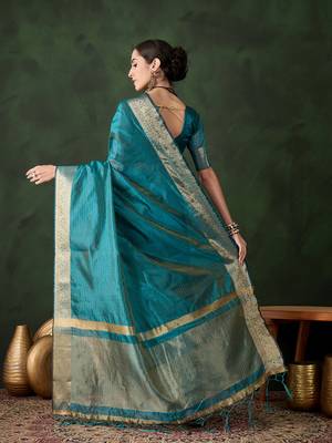 Women's teal blue color kahdi organza stylish zari weaving work saree 3