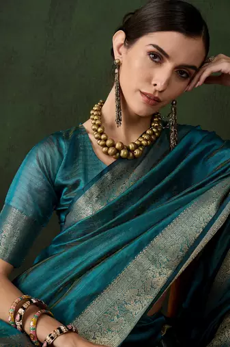 Women's teal blue color kahdi organza stylish zari weaving work saree