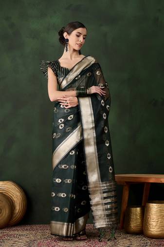 Women's green color kahdi organza designer heavy zari weaving work saree 