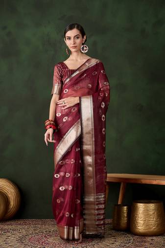 Women's maroon color kahdi organza designer heavy zari weaving work saree 