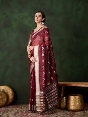 Women's maroon color kahdi organza designer heavy zari weaving work saree 2
