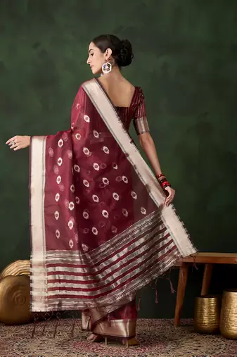 Women's maroon color kahdi organza designer heavy zari weaving work saree