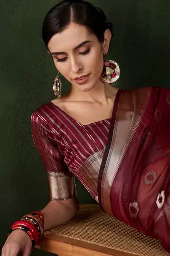 Women's maroon color kahdi organza designer heavy zari weaving work saree