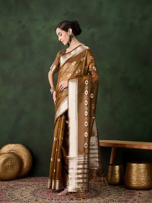 Women's mustered color kahdi organza designer heavy zari weaving work saree 2