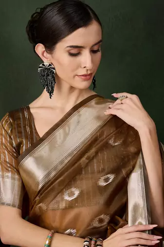 Women's mustered color kahdi organza designer heavy zari weaving work saree