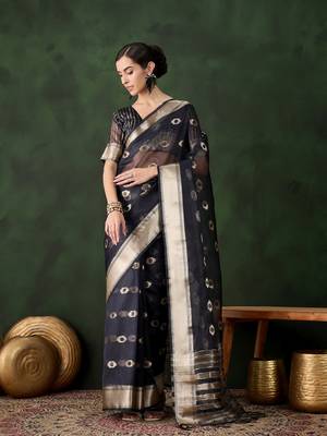 Women's navy blue color kahdi organza designer heavy zari weaving work saree 1