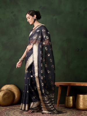 Women's navy blue color kahdi organza designer heavy zari weaving work saree 2
