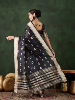 Women's navy blue color kahdi organza designer heavy zari weaving work saree 3