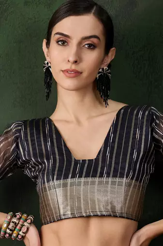 Women's navy blue color kahdi organza designer heavy zari weaving work saree