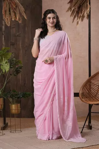 Hand Embroidered Pink Georgette Lucknowi Chikankari Saree With Blouse 