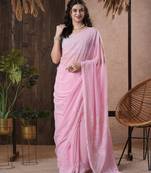 Hand Embroidered Pink Georgette Lucknowi Chikankari Saree With Blouse 