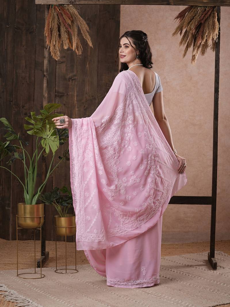 Hand Embroidered Pink Georgette Lucknowi Chikankari Saree With Blouse 