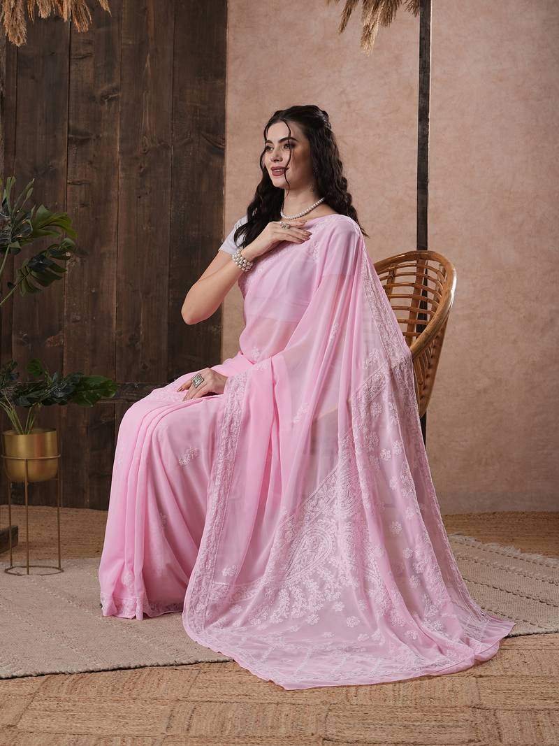Hand Embroidered Pink Georgette Lucknowi Chikankari Saree With Blouse 
