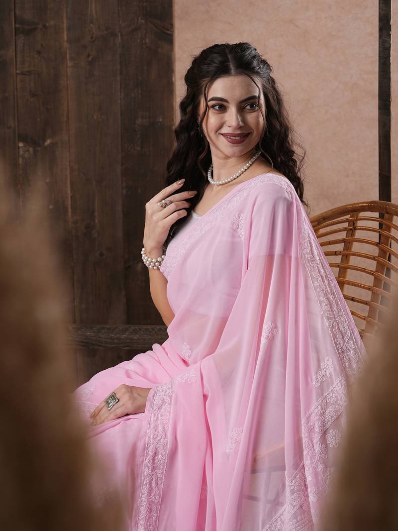 Hand Embroidered Pink Georgette Lucknowi Chikankari Saree With Blouse 