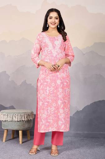  peach cotton floral & leaf embellished straight kurta with pant