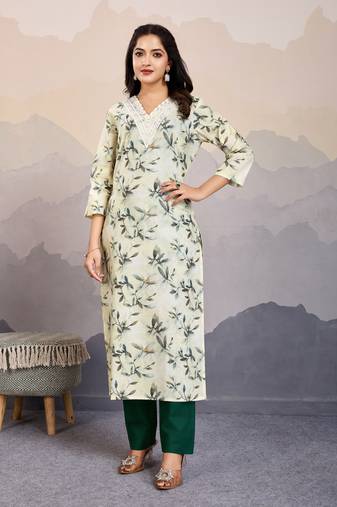  green cotton floral & leaf embellished straight kurta with pant