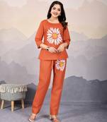  orange linen silk sunflower printed causal co-ord set