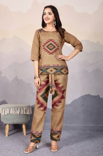  bronze linen silk geometric printed causal co-ord set