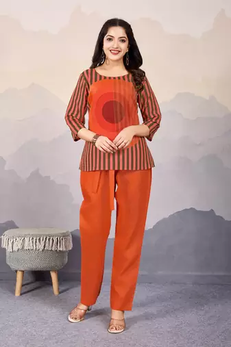  orange linen silk stripes printed causal co-ord set