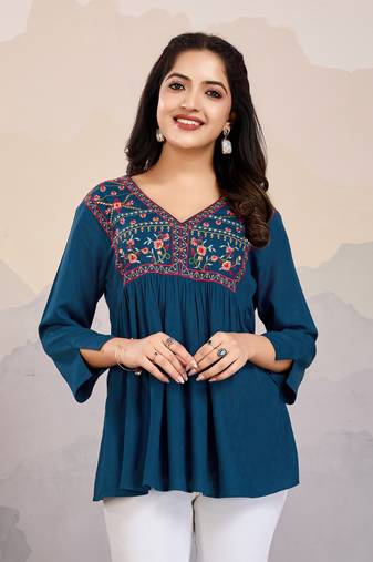  teal pure viscose floral embroidered a-line top