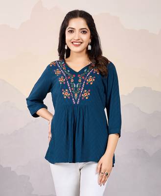  teal pure viscose floral embroidered a-line top 1