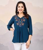  teal pure viscose floral embroidered a-line top