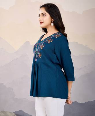  teal pure viscose floral embroidered a-line top 2
