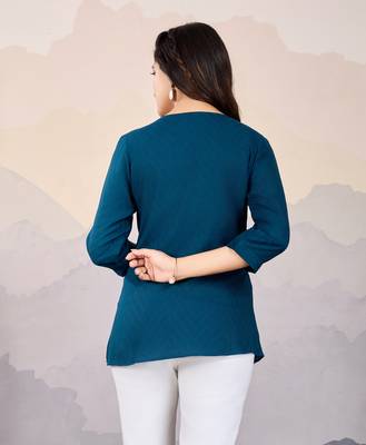  teal pure viscose floral embroidered a-line top 3