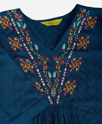  teal pure viscose floral embroidered a-line top 4