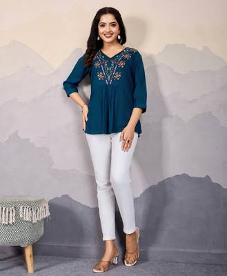  teal pure viscose floral embroidered a-line top 5