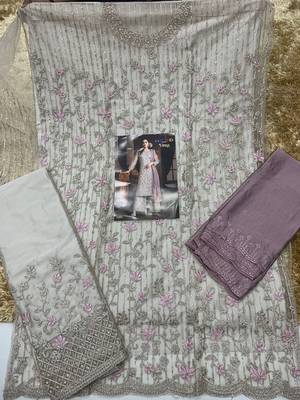 Light purple net heavy embroidery semi stitched suits 2