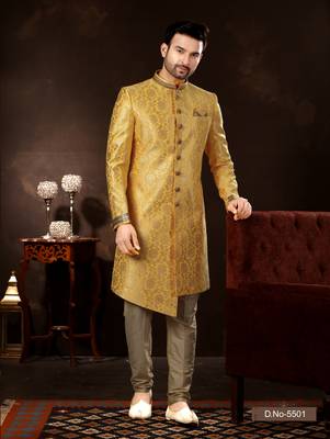 Gold havy jackard with zari hand work mens  sherwani 1