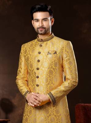 Gold havy jackard with zari hand work mens  sherwani 2