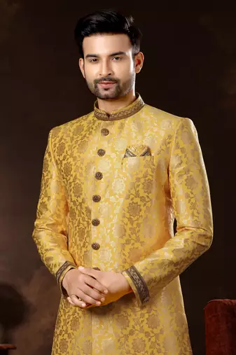 Gold havy jackard with zari hand work mens  sherwani