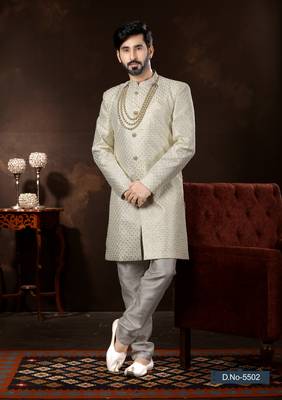 Off white jackard computer amrodery booti with thread work mens  sherwani 1