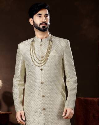 Off white jackard computer amrodery booti with thread work mens  sherwani 2