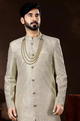 Off white jackard computer amrodery booti with thread work mens  sherwani