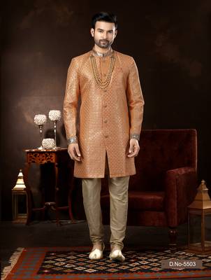 Peach jackard computer amrodery booti with thread silver zari work mens  sherwani 1
