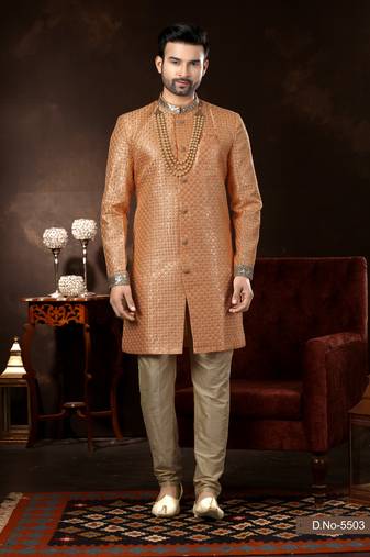 Peach jackard computer amrodery booti with thred silver zari work mens  sherwani
