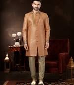 Peach jackard computer amrodery booti with thread silver zari work mens  sherwani