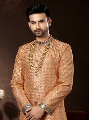Peach jackard computer amrodery booti with thread silver zari work mens  sherwani 2