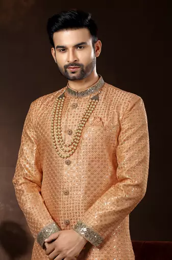 Peach jackard computer amrodery booti with thread silver zari work mens  sherwani