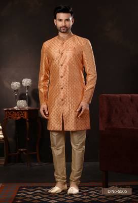 Peach computer amrodery booti with thread work mens  sherwani 1