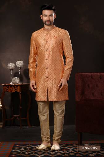 Peach computer amrodery booti with thred work mens  sherwani